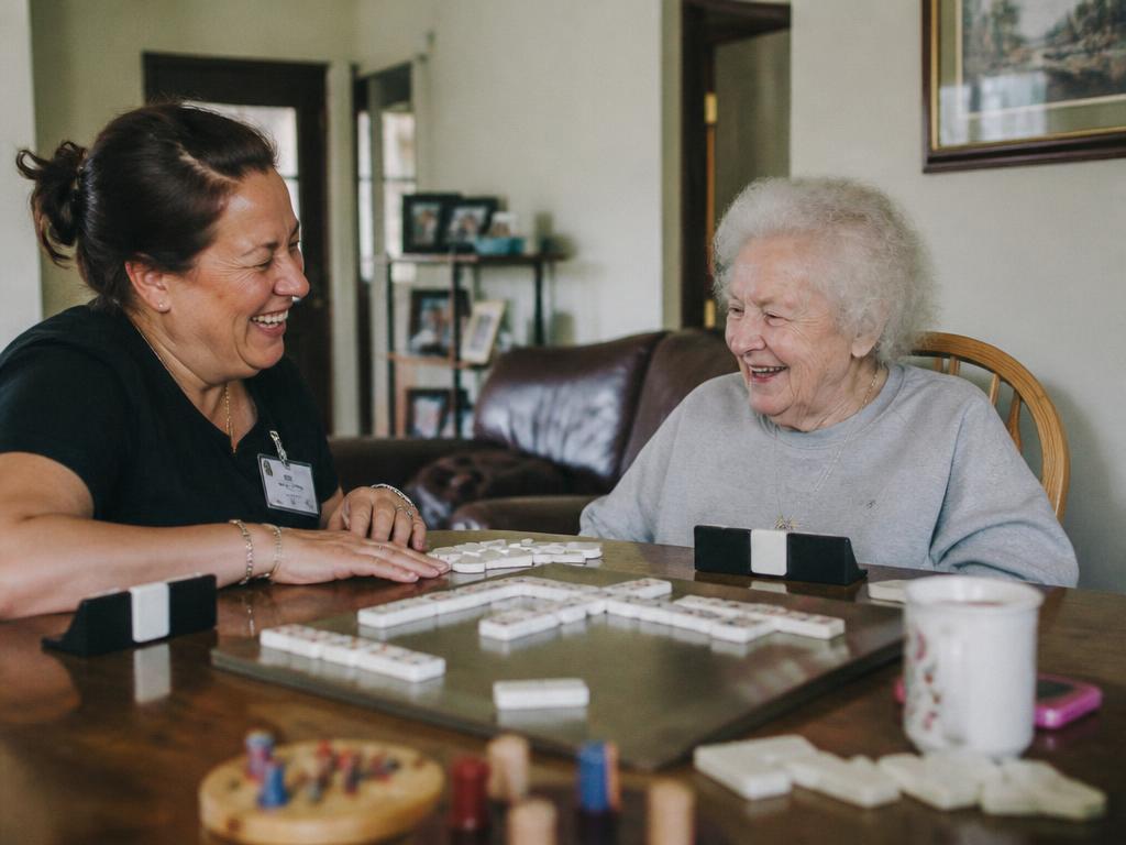 Cuidadora e idosa sorrindo durante jogo de mesa