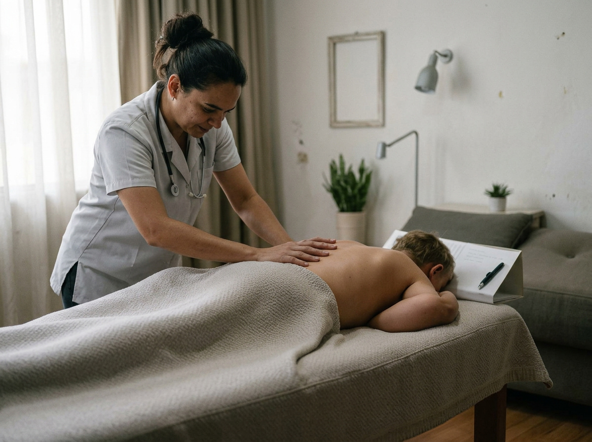 Fisioterapeuta aplicando massagem terapêutica em idoso deitado em casa